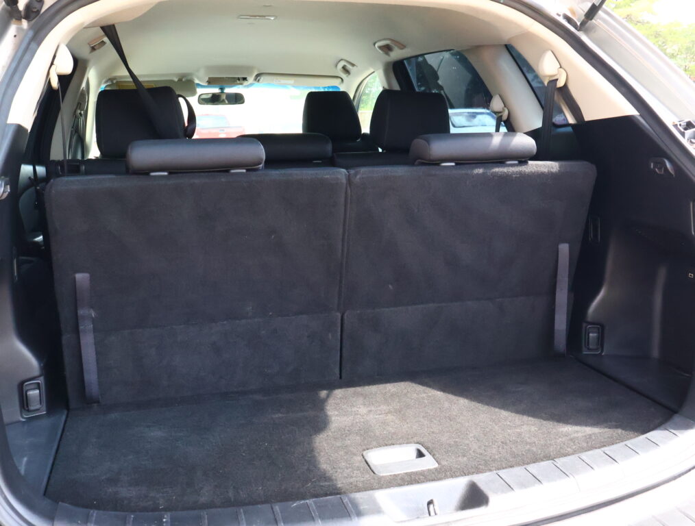 Rear cargo area of an SUV with back seats upright and black upholstery visible