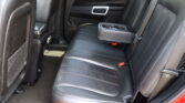 Rear row of a car with black leather seats; center armrest folded down showing two cup holders in the middle.