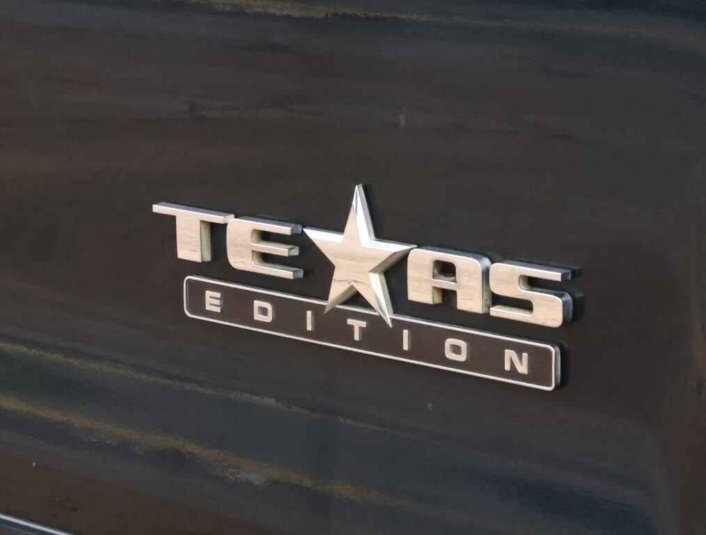 Close-up of a metallic Tesla badge on a dark car surface, showing the 'TESLA' lettering and star emblem.